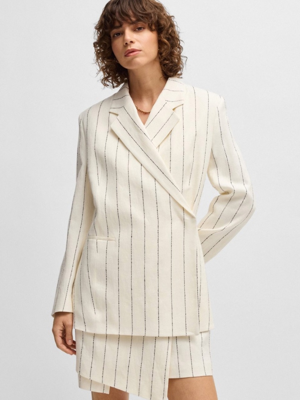 BOSS Cream double breasted Blazer with Black Pinstripes